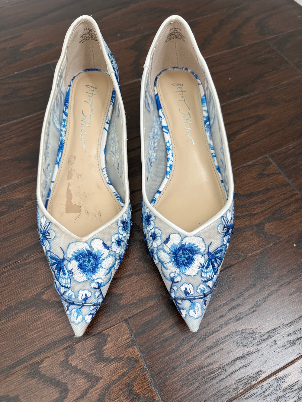 Betsey Johnson White Floral Embroidered Pointed Flats with Blue Accents